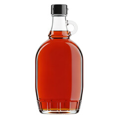 Obraz premium Photo of a clear glass bottle filled with amber liquid, likely maple syrup, with a black cap and a handle, isolated on a transparent background