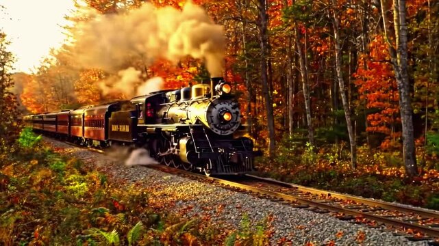 Vintage steam train chugging through a vibrant autumn forest landscape