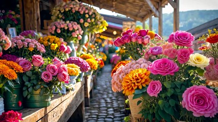 Vibrant flower market stall with colorful fresh roses and blossoms arranged in pots along cobblestone street outdoors