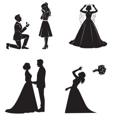 Romantic Wedding Silhouettes &ndash; Proposal, Bride, Couple & Bouquet Toss Vector Sett
