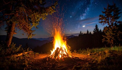 Night campfire in mountains under starry sky