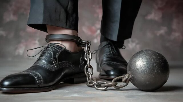 Close up feet of a person dressed in black slacks and polished leather shoes wraps with shackle and streaked metal ball while standing on the floor, Businessman shackled in the iron ball and chain	