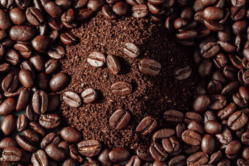 Ground coffee pile surrounded by whole coffee beans on dark backdrop