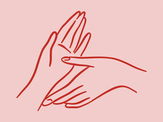Vector illustration of two hands touching a circle. Minimalist line art style. Colored 