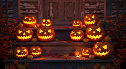 Halloween Pumpkin Display on Porch Steps