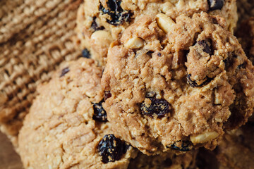 Freshly Baked Oatmeal Cookies with Raisins and Nuts Close-Up