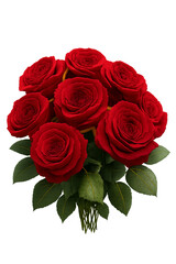 Elegant Bouquet of Red Roses with Lush Green Foliage on White Background