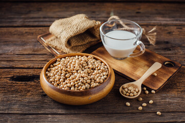 Fresh Soybeans and Milk in Rustic Wooden Setting on Table