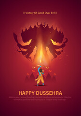 Happy Dussehra festival of India poster design. Lord Rama killing Ravana. Creative vector illustration.