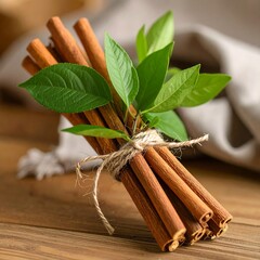 Cinnamon sticks with fresh leaves