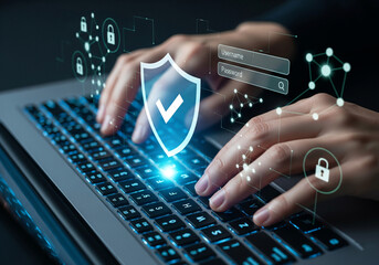 Cybersecurity Verified – Data Protection and Network Integrity Symbolism, Technology, Conceptual, Emotion, Abstract, Laptop Typing Scene and Shield Checkmark Interface Moment