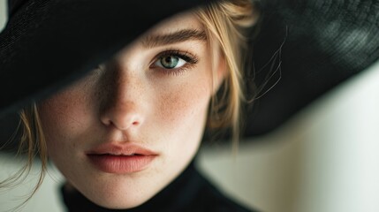 Close-up portrait unveils beauty and mystery through freckles and deep gaze