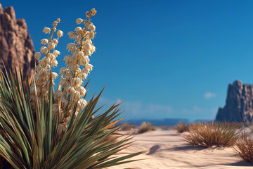 Yucca plant with tall flowering stalk and sharp leaves in a desert landscape, blue sky and sandstone cliffs.