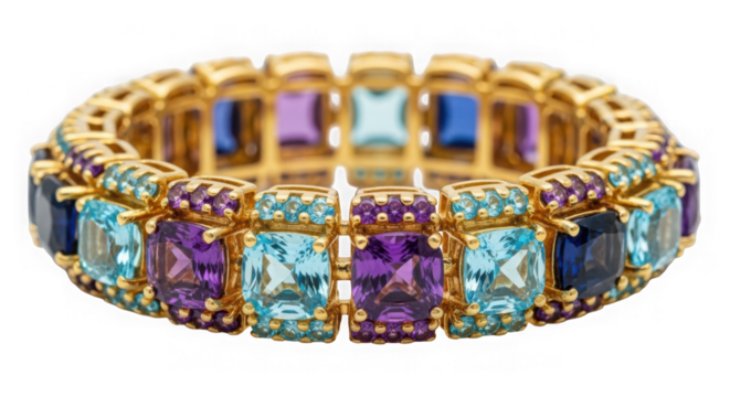 Gold gemstone bracelet with colorful stones isolated on transparent background