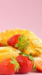 Fresh pastries and strawberries on a pink background