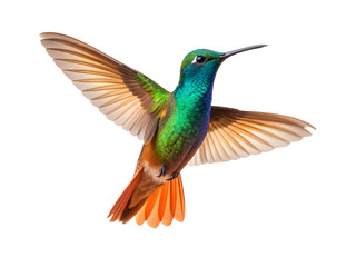 Fototapeta premium Colorful hummingbird flying isolated on transparent background, PNG