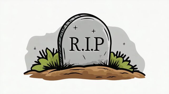 Simple cartoon tombstone icon with R.I.P. lettering. Isolated doodle of a gravestone for Halloween designs, stickers, or logos.