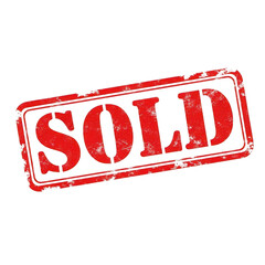 Distressed red sold stamp with black outline on a black background - official business transaction status