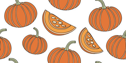 A collection of realistic pumpkins in various natural shapes and sizes, arranged in rows on a clean white background. The pumpkins are deep orange in color with distinct ridges and green stems. Some a