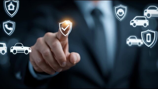 Chest-level shot of a businessperson pointing forward, bright holographic shield icons layered with clean vector-style car insurance policy icons