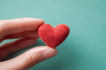 Fototapeta premium A delicate red heart-shaped felt object is held gently in a hand against a soft teal background.
