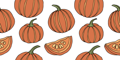 A collection of realistic pumpkins in various natural shapes and sizes, arranged in rows on a clean white background. The pumpkins are deep orange in color with distinct ridges and green stems. Some a