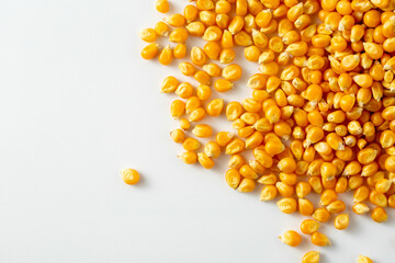 Raw Corn Kernels Spread on a White Background in Natural Light