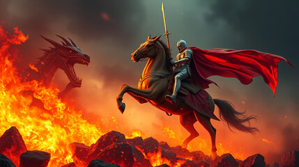 Knight riding horse into fiery inferno to slay dragon, slaying, chivalry, horses