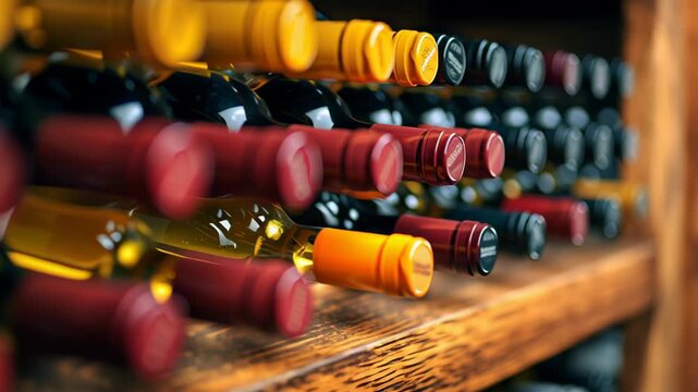 Modern liquor store with fine wines closeup concept. Bottles of various wines displayed on wooden shelves, showcasing different caps and colors.