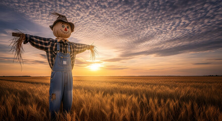 Autumnal Sentinel: A Scarecrow Guarding Golden Fields at Sunset