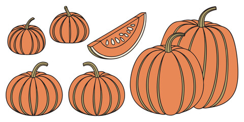 A collection of realistic pumpkins in various natural shapes and sizes, arranged in rows on a clean white background. The pumpkins are deep orange in color with distinct ridges and green stems. Some a