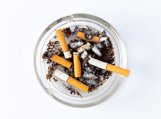 Ashtray Filled With Cigarette Butts and Ashes on White Background