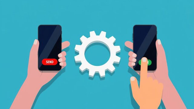 Data transfer and sync between two mobile phones. Concept of file sharing, app communication, and cloud network technology with a settings gear.