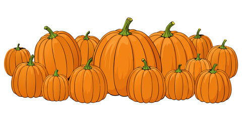 A collection of realistic pumpkins in various natural shapes and sizes, arranged in rows on a clean white background. The pumpkins are deep orange in color with distinct ridges and green stems. Some a