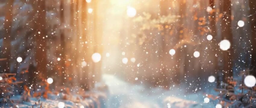 Golden sunlight illuminates a serene winter forest as snow gently falls. A magical snowy path invites peaceful contemplation in nature.