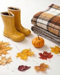 Naklejka premium Autumn still life featuring yellow rain boots blankets pumpkin and colorful autumn leaves on white surface