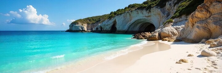 Naklejka premium Secluded Cove Pristine White Sand Beach, Turquoise Waters, Dramatic Cliffs ? Idyllic Coastal Escape