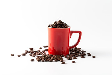 Red Coffee Mug Filled with Coffee Beans on White Background