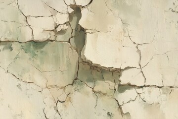 Obraz premium A textured surface of cracked, pale beige and muted green plaster, showing signs of age and weathering.