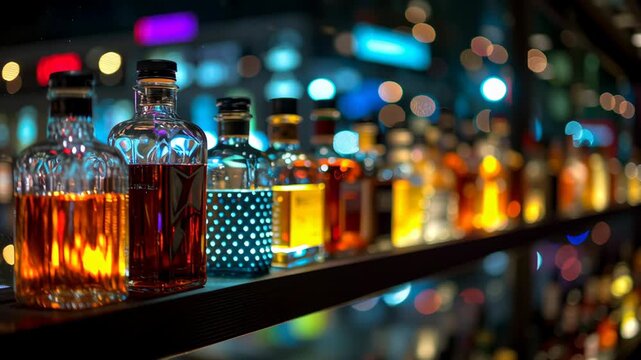 Modern liquor store with fine wines closeup concept. Bottles of various spirits displayed on a shelf with vibrant bokeh background.