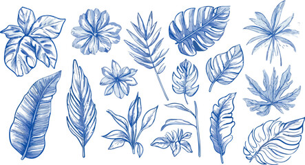 Collection of delicate blue watercolor botanical illustrations of tropical leaves and flowers