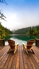 Two wooden Adirondack chairs on a lake dock, overlooking a serene lake and forested mountains
