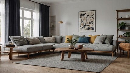 Obraz premium Cozy living room featuring a spacious sectional sofa with decorative pillows and a modern coffee table.
