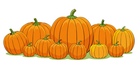A collection of realistic pumpkins in various natural shapes and sizes, arranged in rows on a clean white background. The pumpkins are deep orange in color with distinct ridges and green stems. Some a