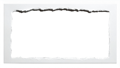 Marco fotográfico realista con textura de papel rasgado en los bordes, como si la foto estuviera rota a mano. El papel debe tener un aspecto fibroso, con sombras suaves en los bordes para dar volumen.