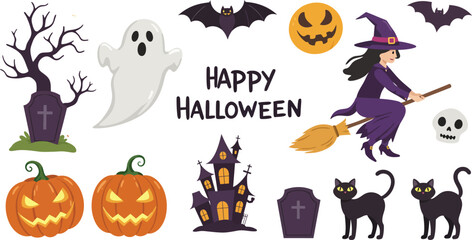 Happy Halloween Icon Set – Witch, Ghost, Pumpkin, Bat, Cat, Haunted House, Skull, Spooky Vector Clipart