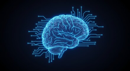 Artificial intelligence brain icon with circuit lines, futuristic glowing design, transparent PNG cutout