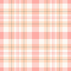 Soft pastel plaid pattern in pink and beige. Classic tartan design, seamless and versatile. Perfect for textile, backgrounds, or design projects.