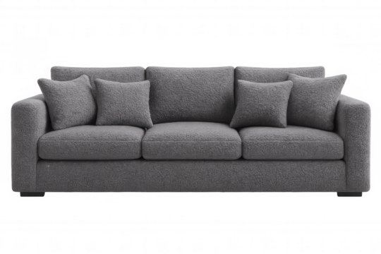 Plush gray sofa with soft cushions, providing cozy seating solution for modern interior design, transparent background