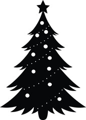 Obraz premium A black silhouette of a Christmas tree adorned with white dots representing ornaments and snowflakes, topped with a star.